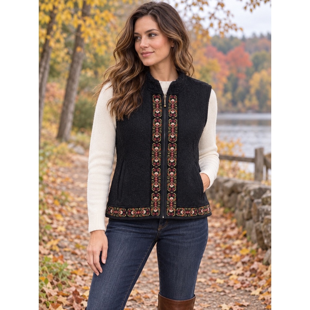 Icelandic Design Womens Black Boiled Wool Embroidered Floral Zip Up Vest Medium